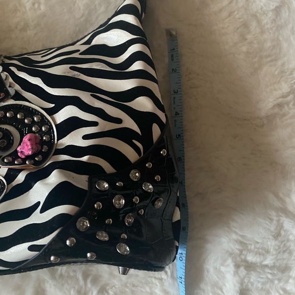 Hobo Shoulder Bag Zebra Print with Patent Black, Rhinestones, Turquoise & Pink - Picture 9 of 16